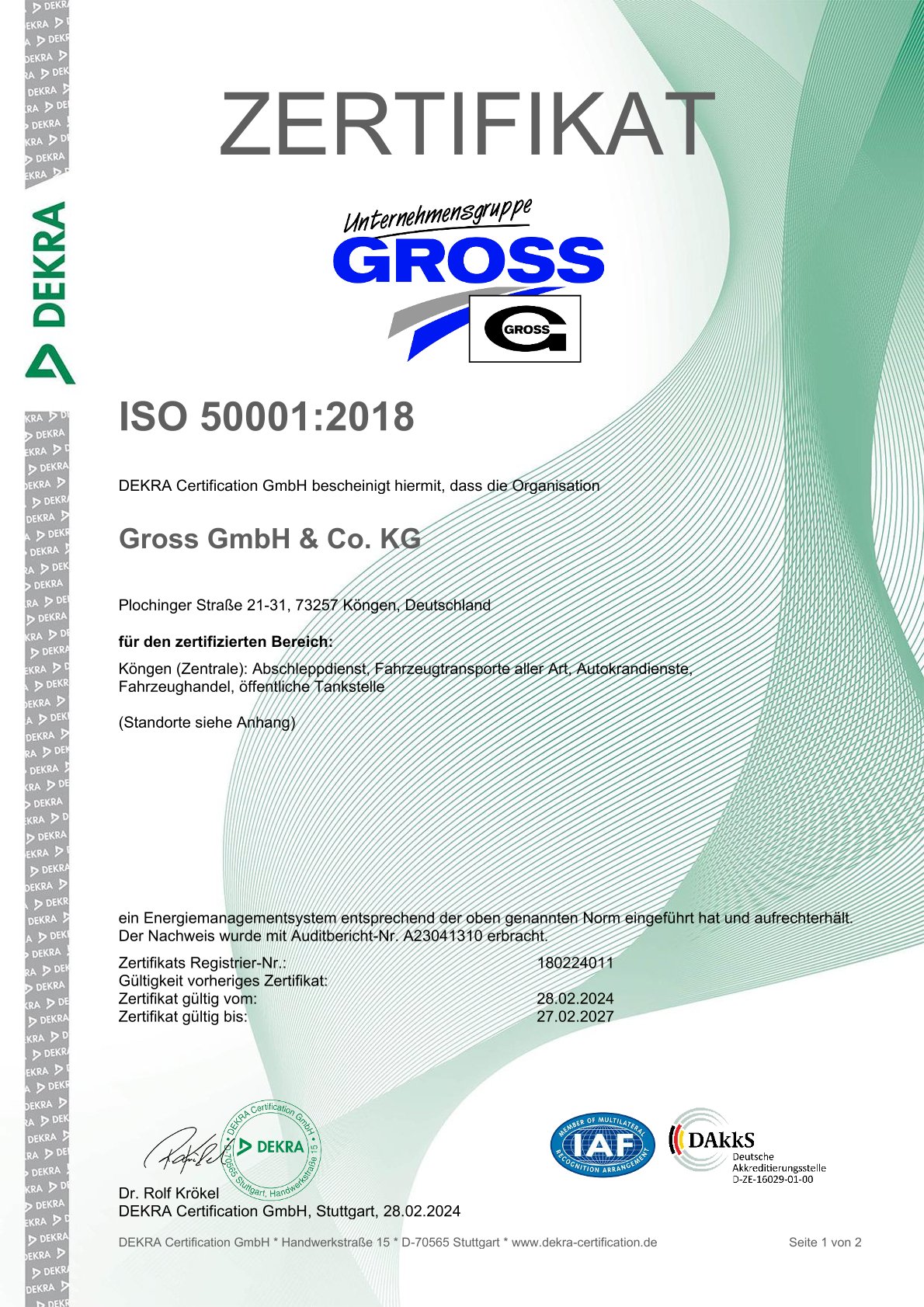Zertifikat ISO 50001:2018 für Gross GmbH & Co. KG, bestätigt durch DEKRA für Energiemanagementsystem, gültig bis 2027.