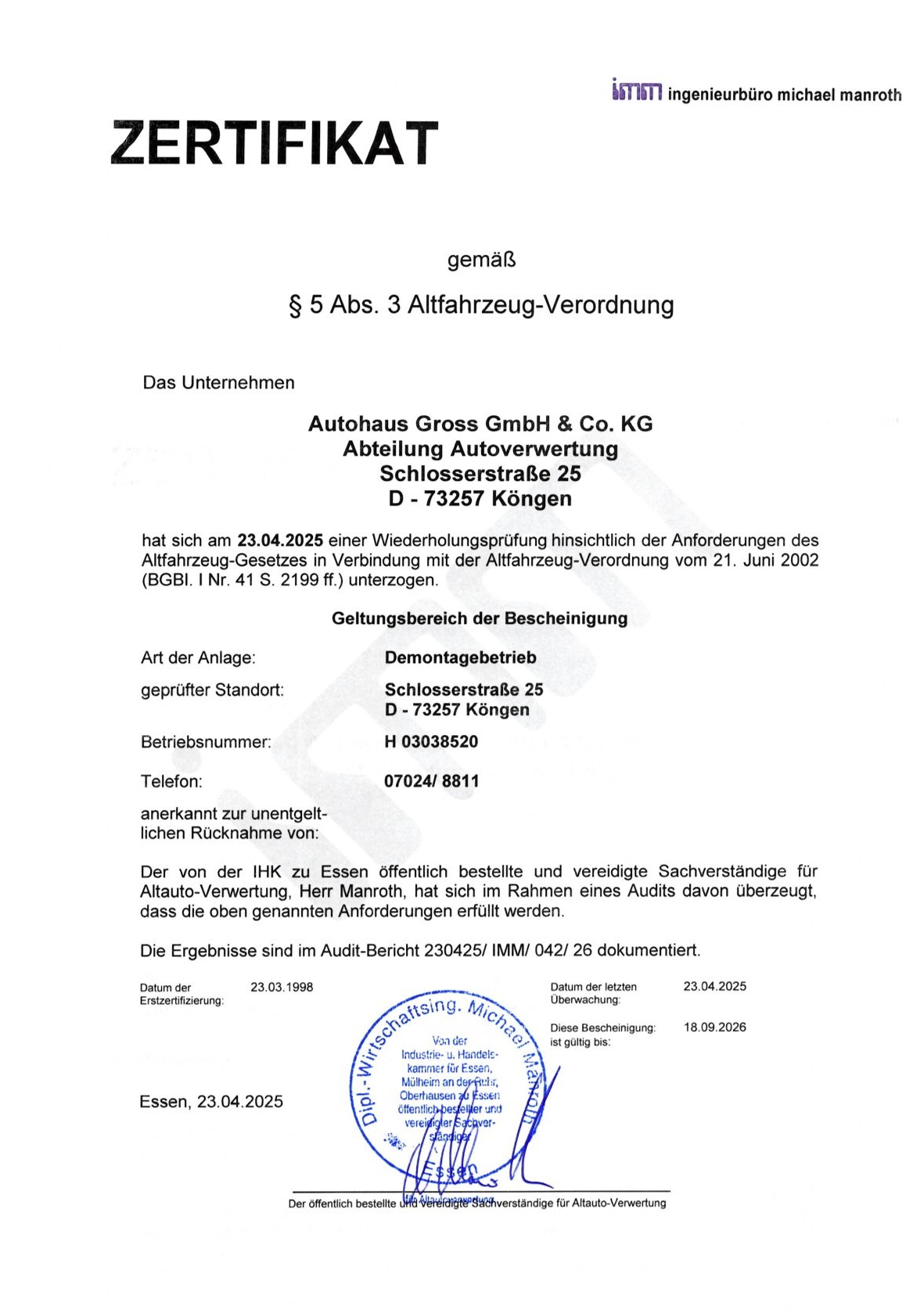 Zertifikat für Autohaus Gross GmbH, Abteilung Autoverwertung, Prüfung gemäß Altfahrzeug-Verordnung, gültig bis 18.09.2026.