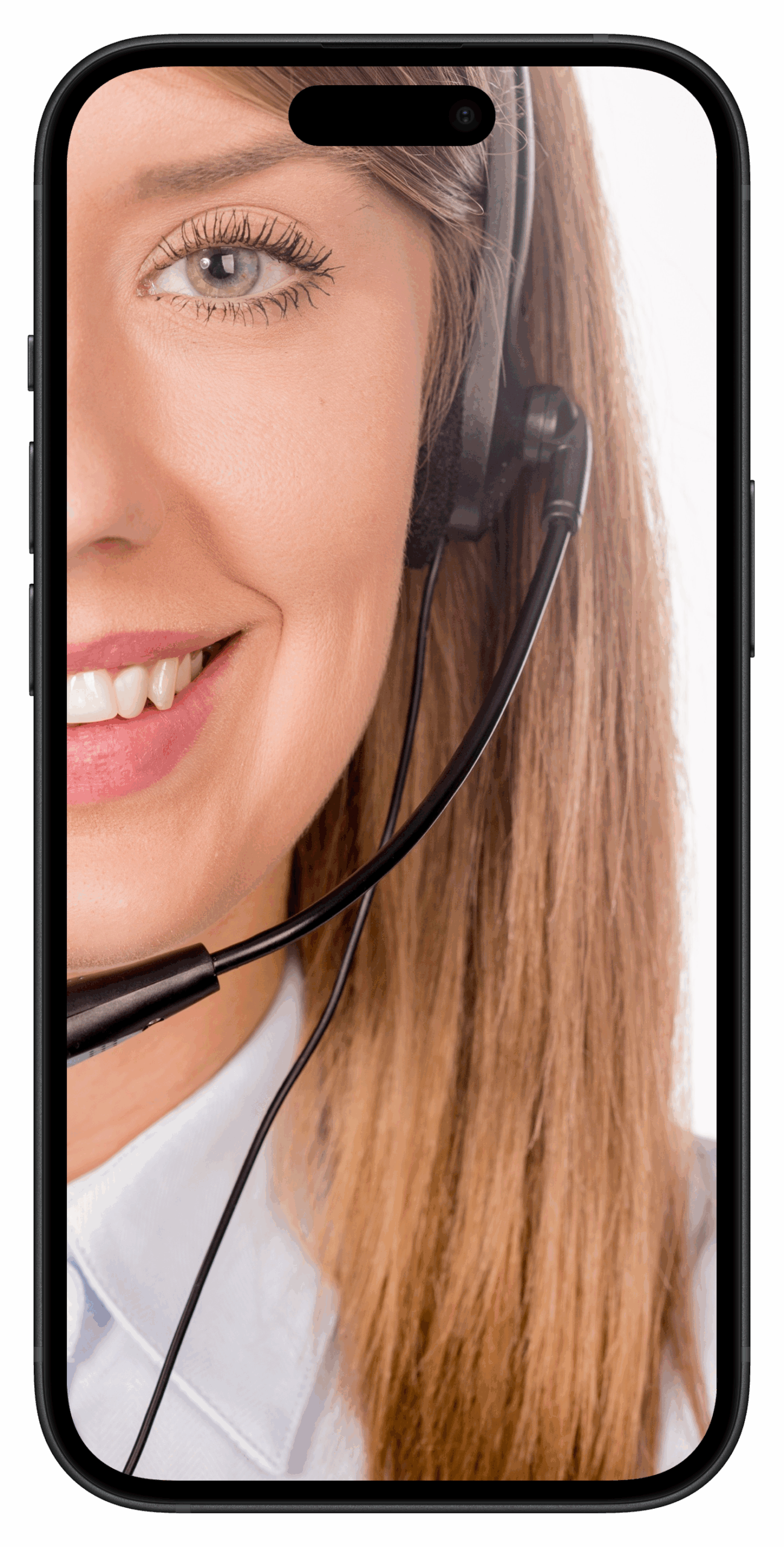 Nahaufnahme eines lächelnden Callcenter-Mitarbeiters mit Headset, blondes Haar und blauem Hemd sichtbar.