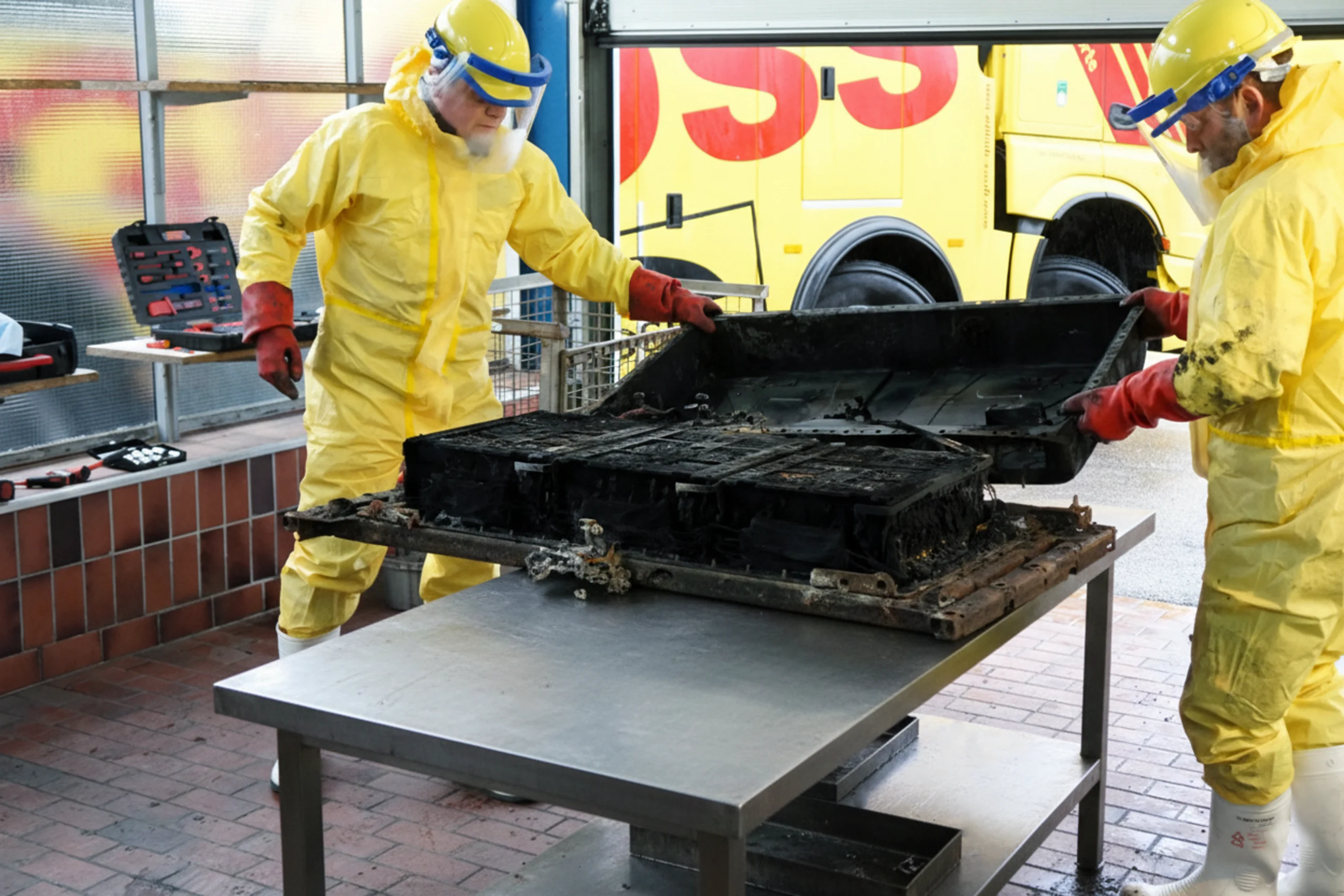 Zwei Personen in Schutzanzügen heben eine verschmutzte Batterie auf einen Tisch. Ein gelbes Fahrzeug ist im Hintergrund sichtbar.