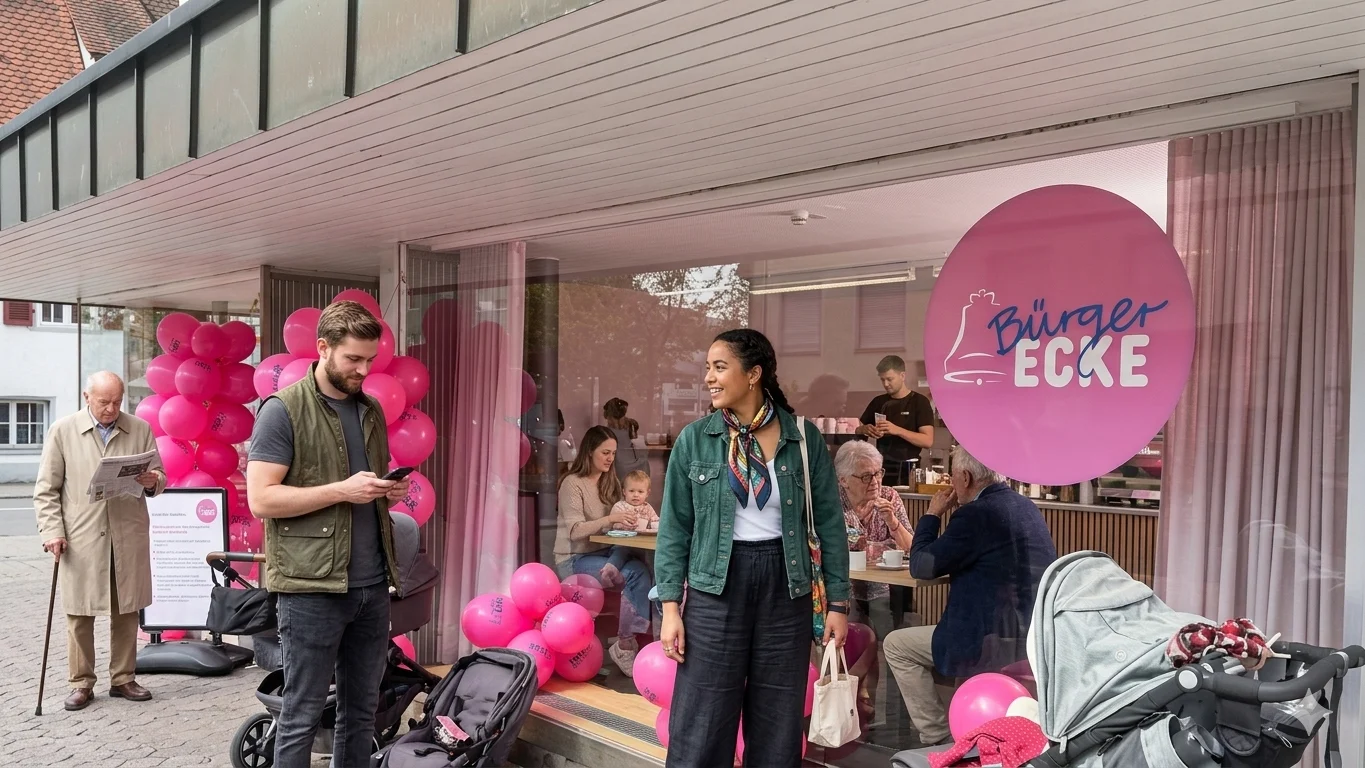 Junge Frau und Mann stehen vor einem Café mit pinken Luftballons. Im Hintergrund sitzen Gäste und genießen Kuchen.