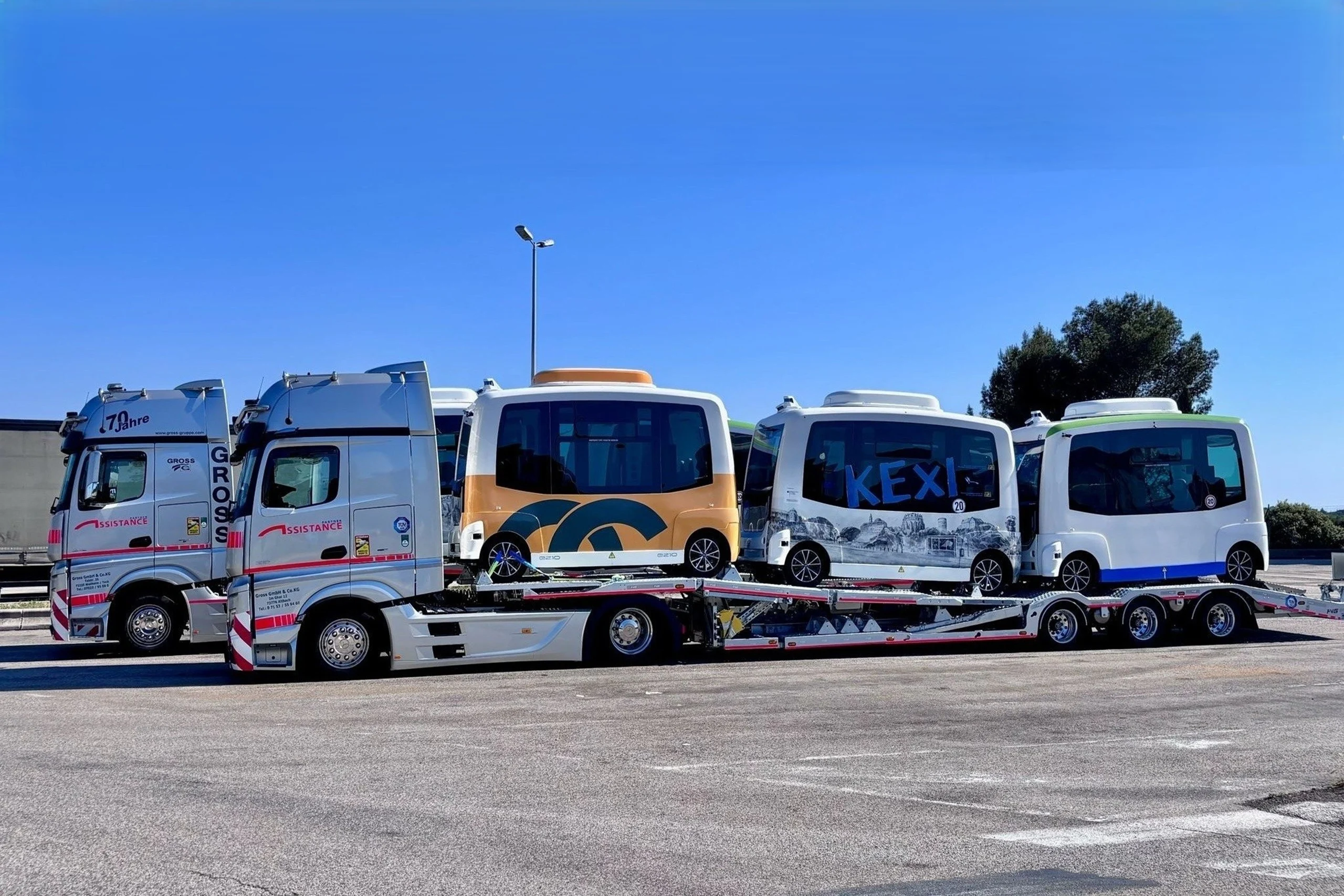 Lkw transportiert mehrere kleine Fahrzeuge, darunter neue Minibusse in verschiedenen Farben, bei klarem Himmel.
