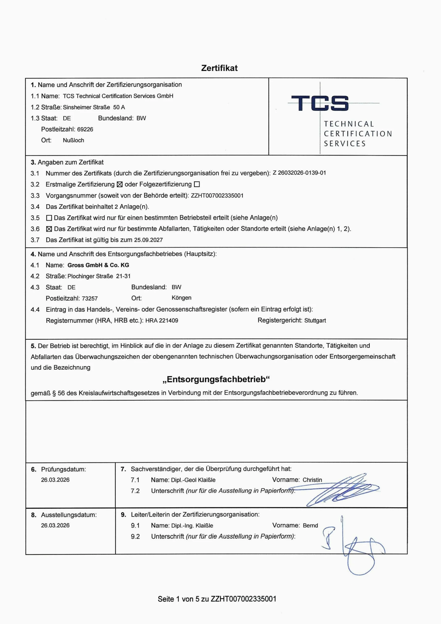 Zertifikat der TCS GmbH für das Entsorgungsfachbetrieb mit Angaben zu Standort und Gültigkeit bis 2027.