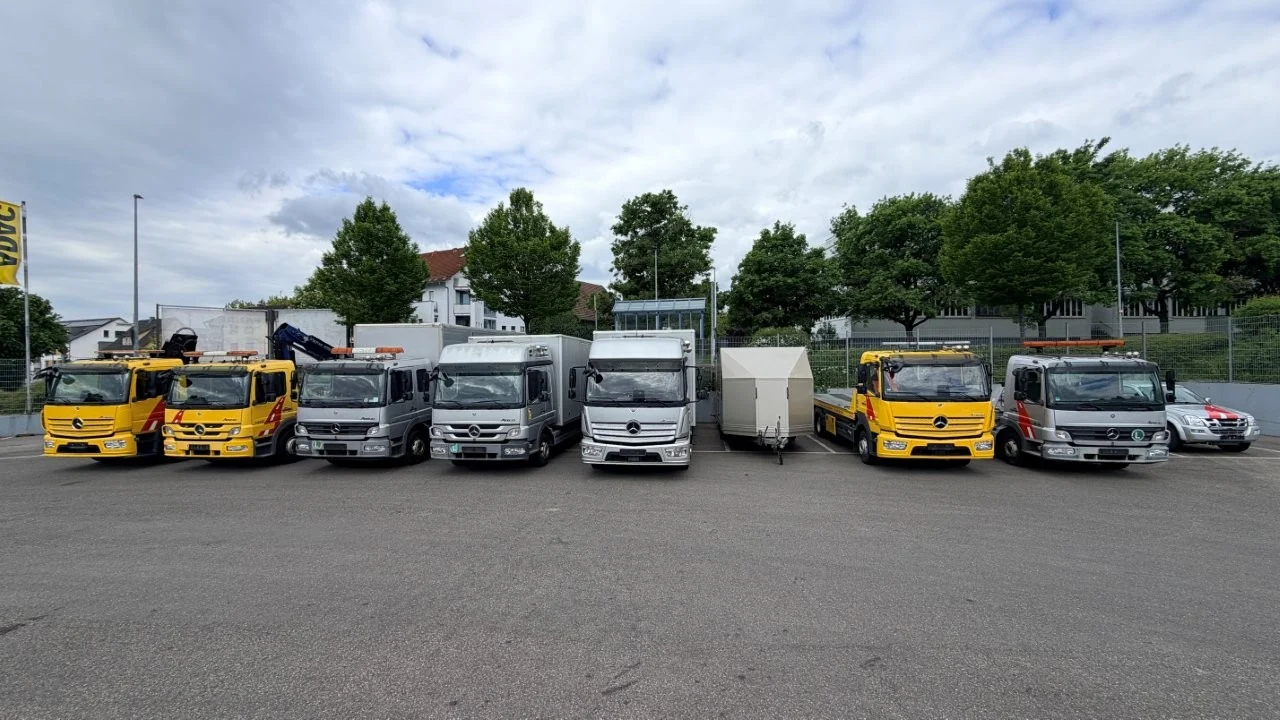 Reihe von sieben verschiedenfarbigen Lkw, alle in einem Parkplatz mit Bäumen im Hintergrund. Wolkiger Himmel.