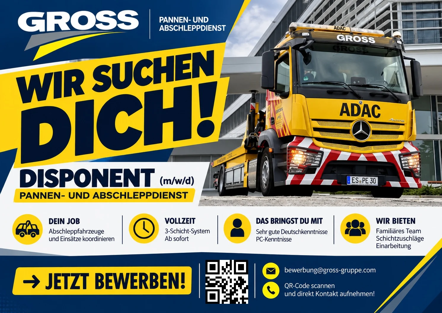 Gelbes Abschleppfahrzeug mit ADAC-Logo vor modernem Gebäude, sucht Disponenten für Pannen- und Abschleppdienst.